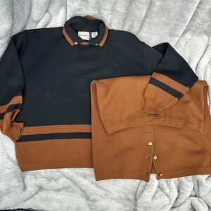 Vintage Diversity Petite Black Brown Stripe Collared 2pc Sweater Skirt Set Sz M